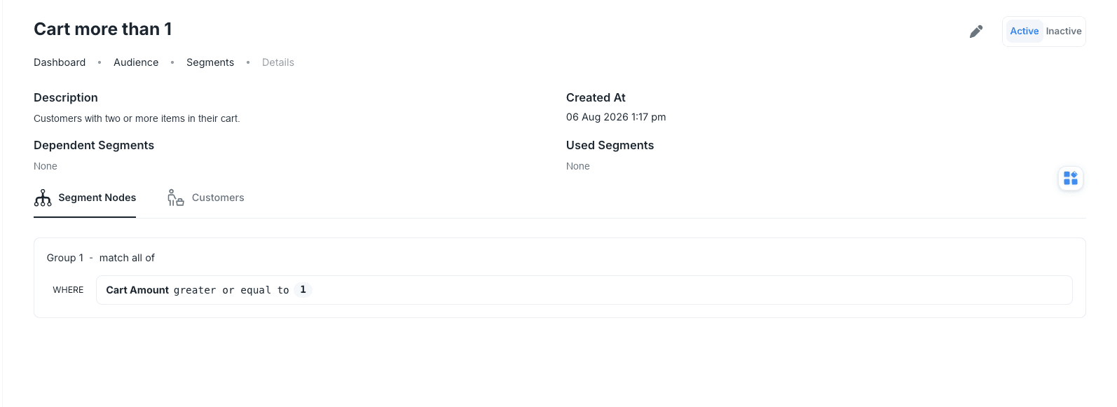 Segment details with active status and a cart amount rule