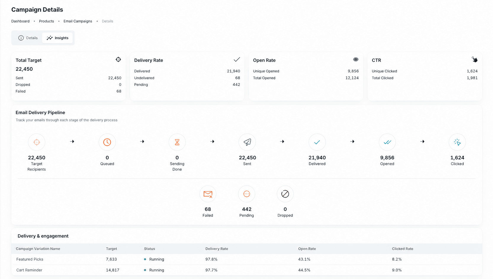 Email campaign Insights page with fictional delivery and engagement metrics