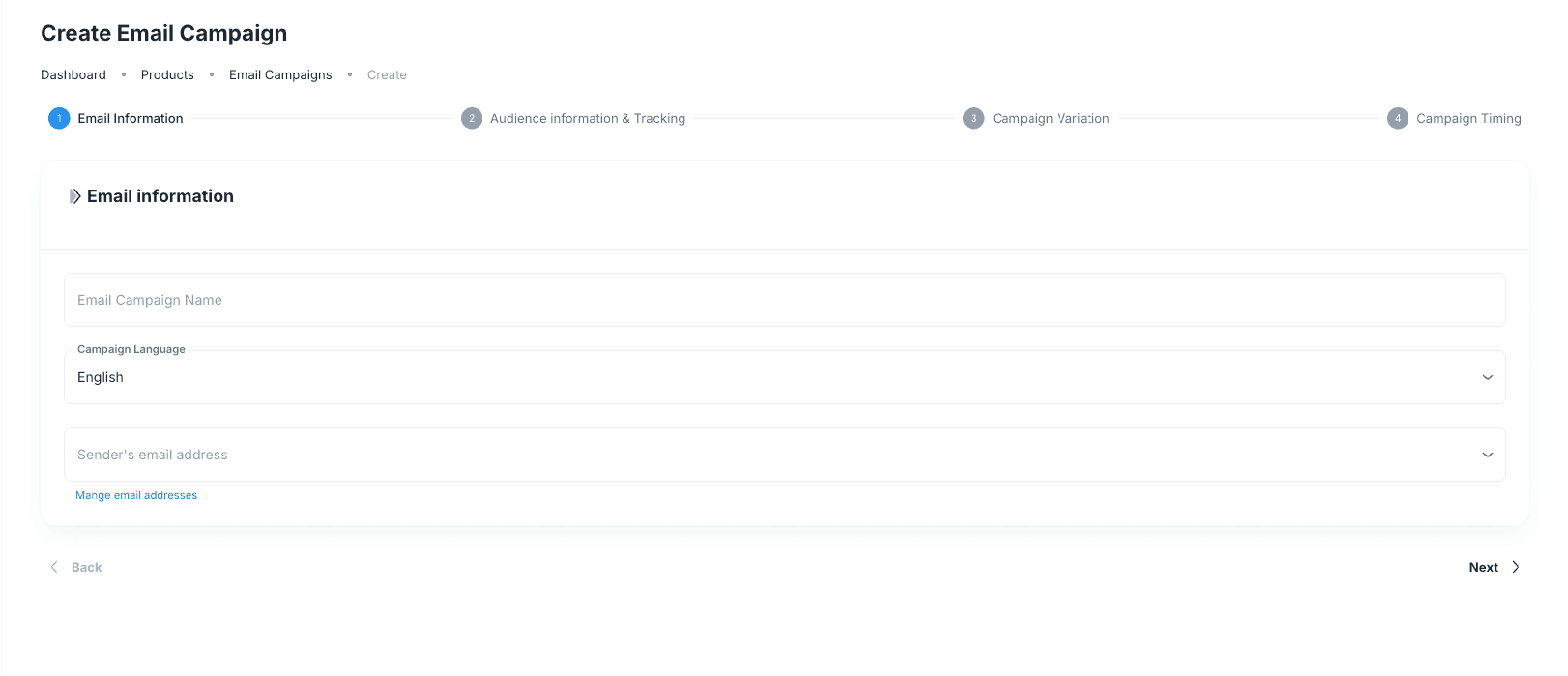 First step of the Create Email Campaign flow