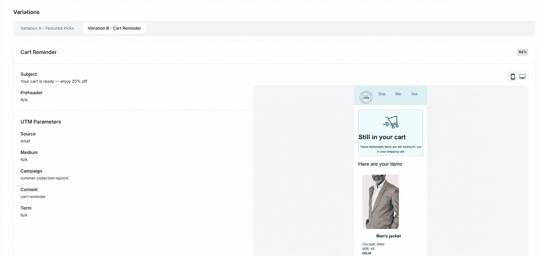 Cart Reminder email variation with preview and UTM parameters