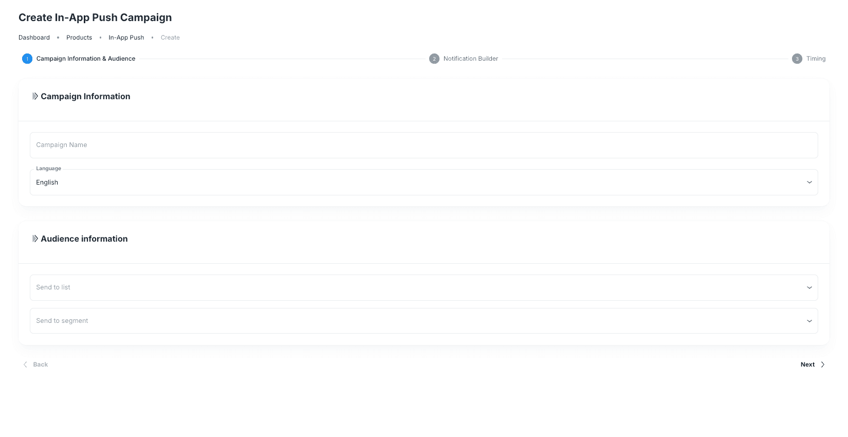 Create In-App Push Campaign campaign information and audience step