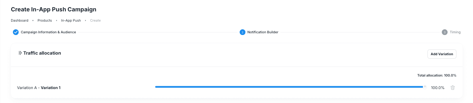 In-App Push Campaign traffic allocation step
