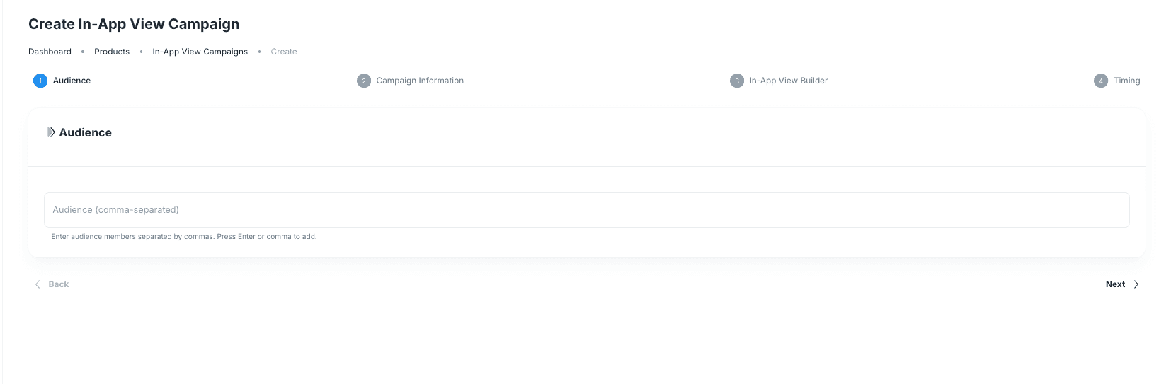 Audience step of the Create In-App View Campaign flow