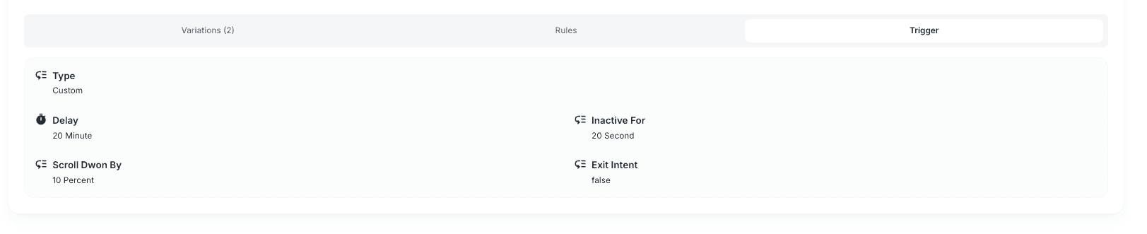 Campaign group trigger tab with delay, inactivity, scroll, and exit intent settings