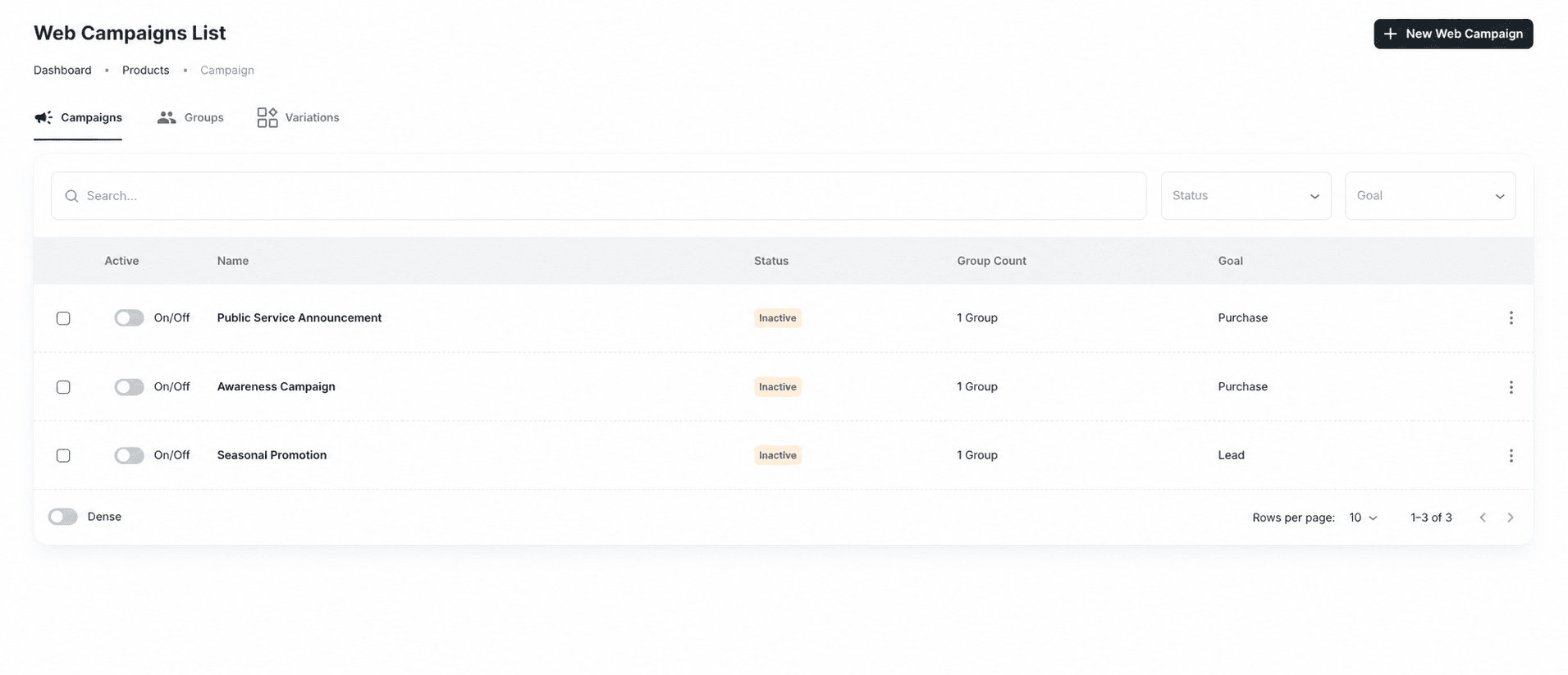 Web Campaigns list with campaign statuses, groups, and goals