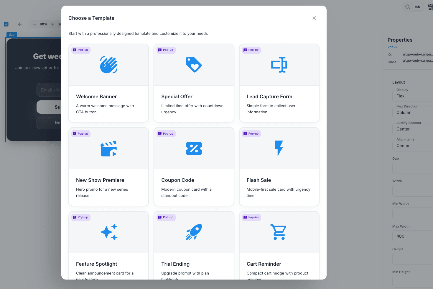 Choose a Template window showing In-App View template cards