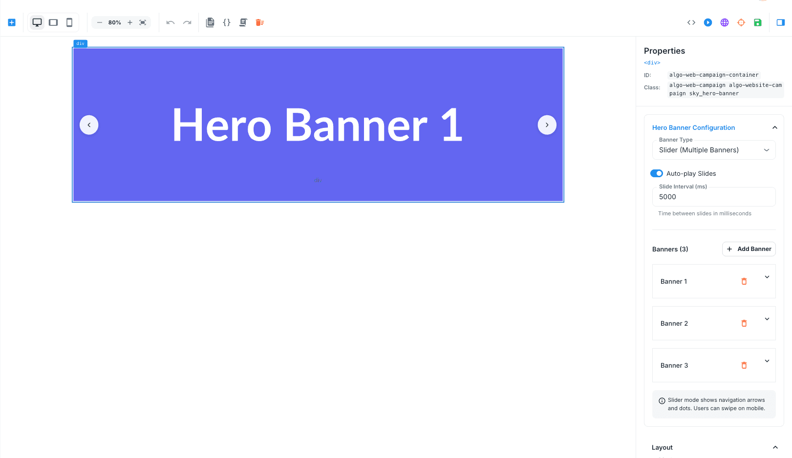 Hero Banner slider configuration in the Web Template editor