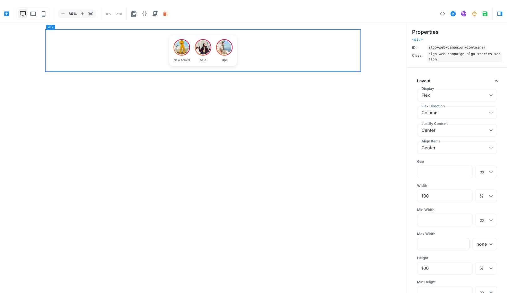 Web Template editor showing an Instagram Stories on-site experience