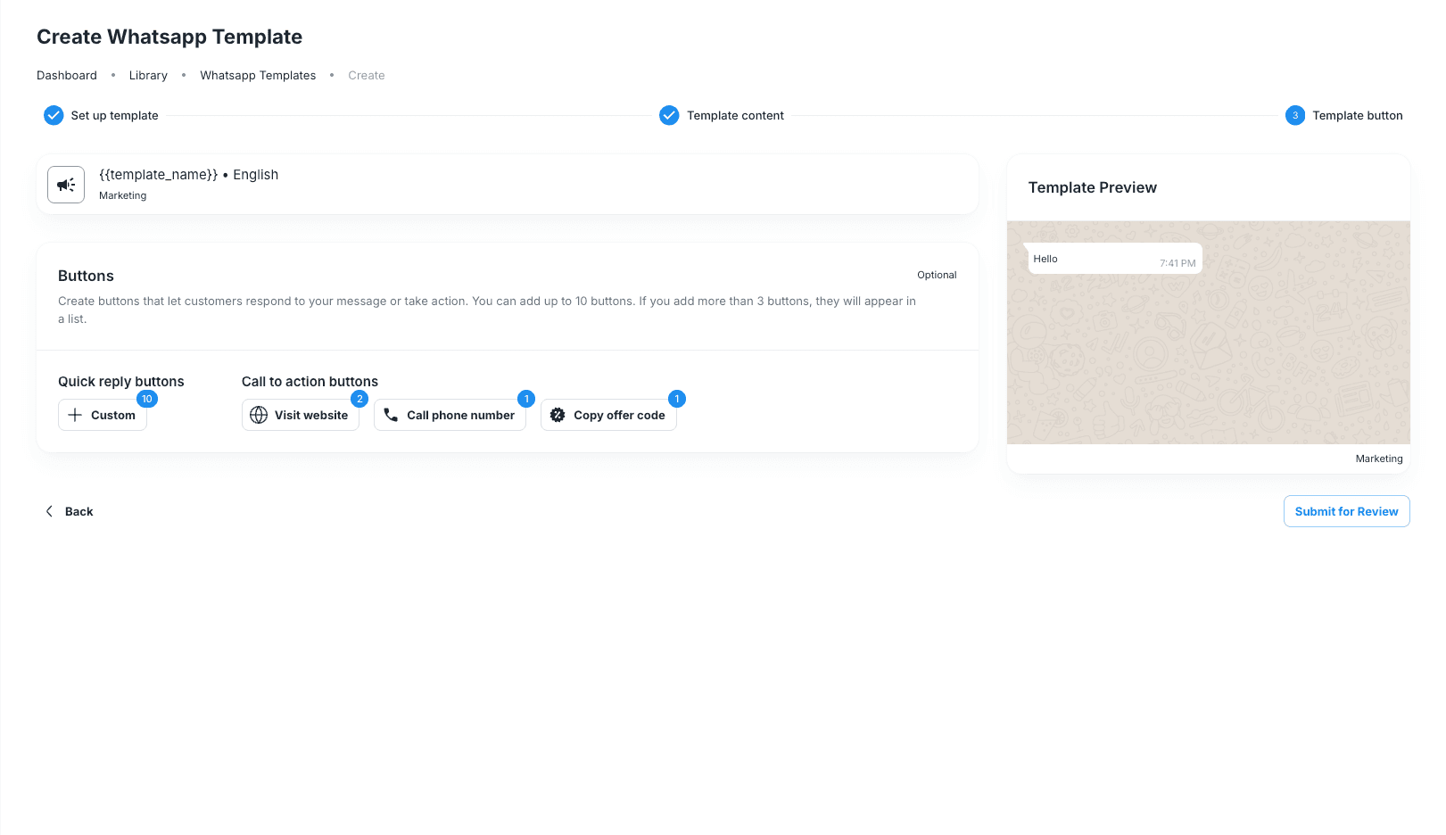 WhatsApp template buttons step with Quick Reply and call to action button types