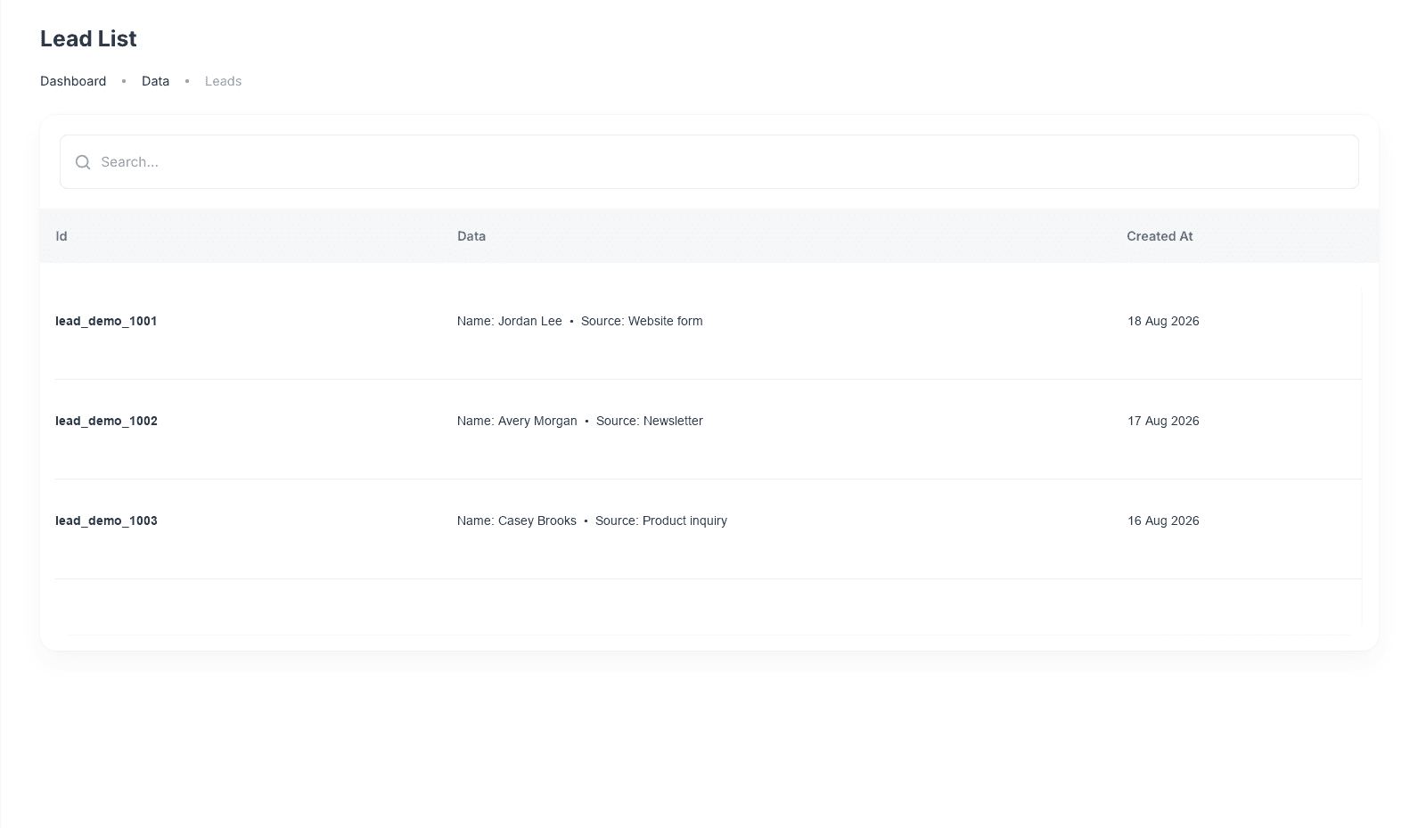 Lead List with fictional lead records