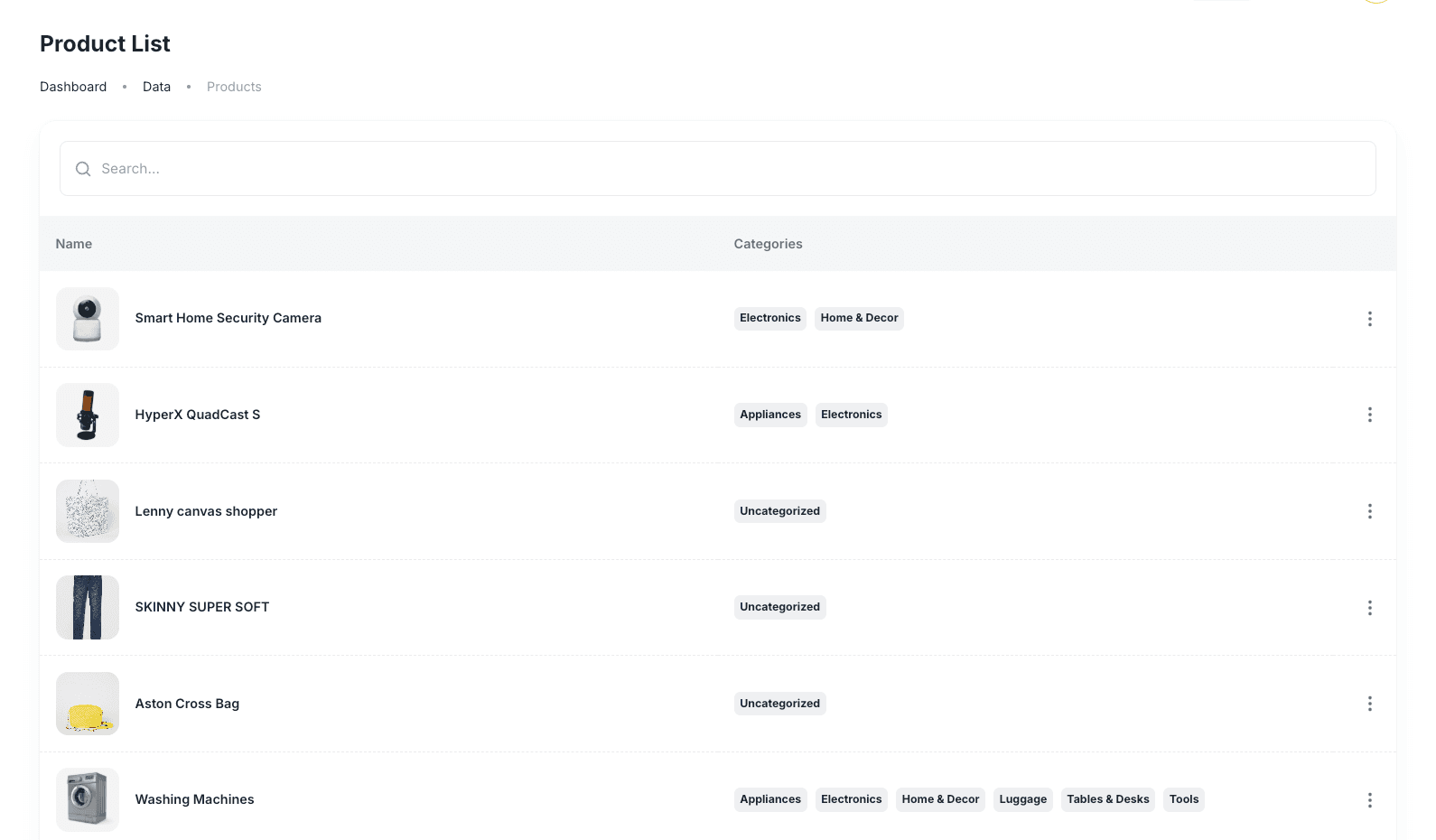 Product List with product names and category badges
