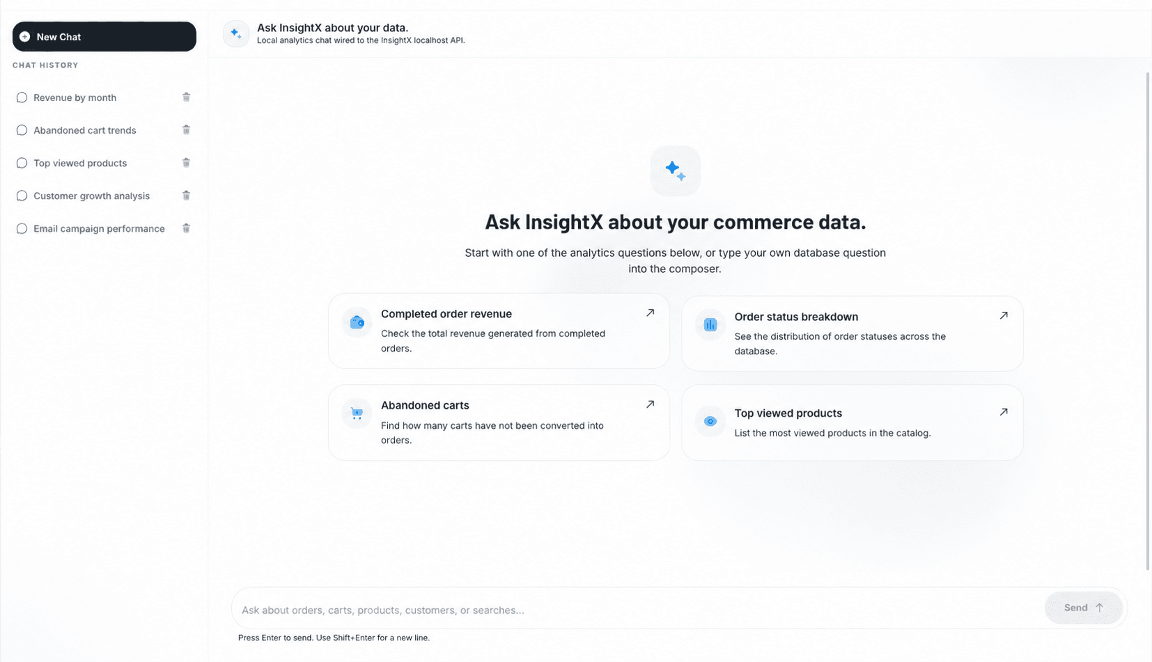 Algo AI workspace with fictional analytics conversation history and suggested questions