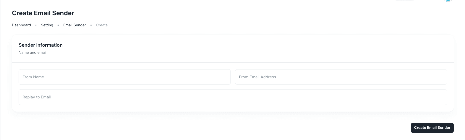 Create Email Sender form with sender information fields