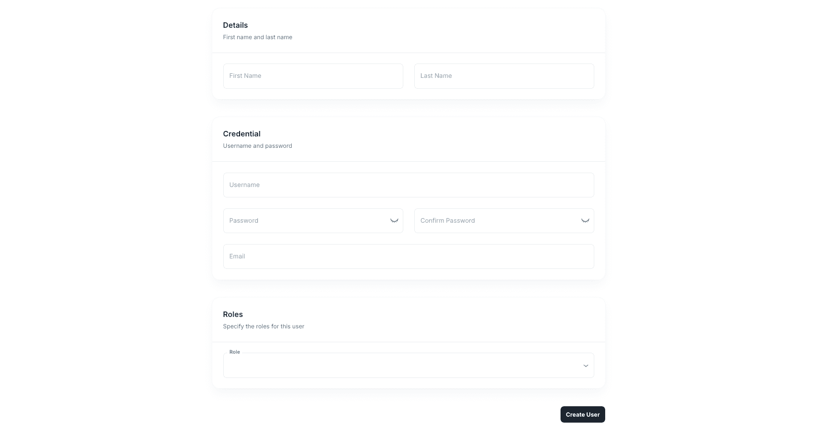 Create User form with details, credentials, and role fields
