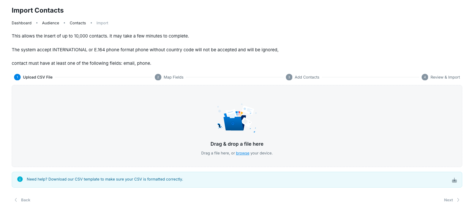 Import Contacts CSV upload step with the four-step import progress indicator