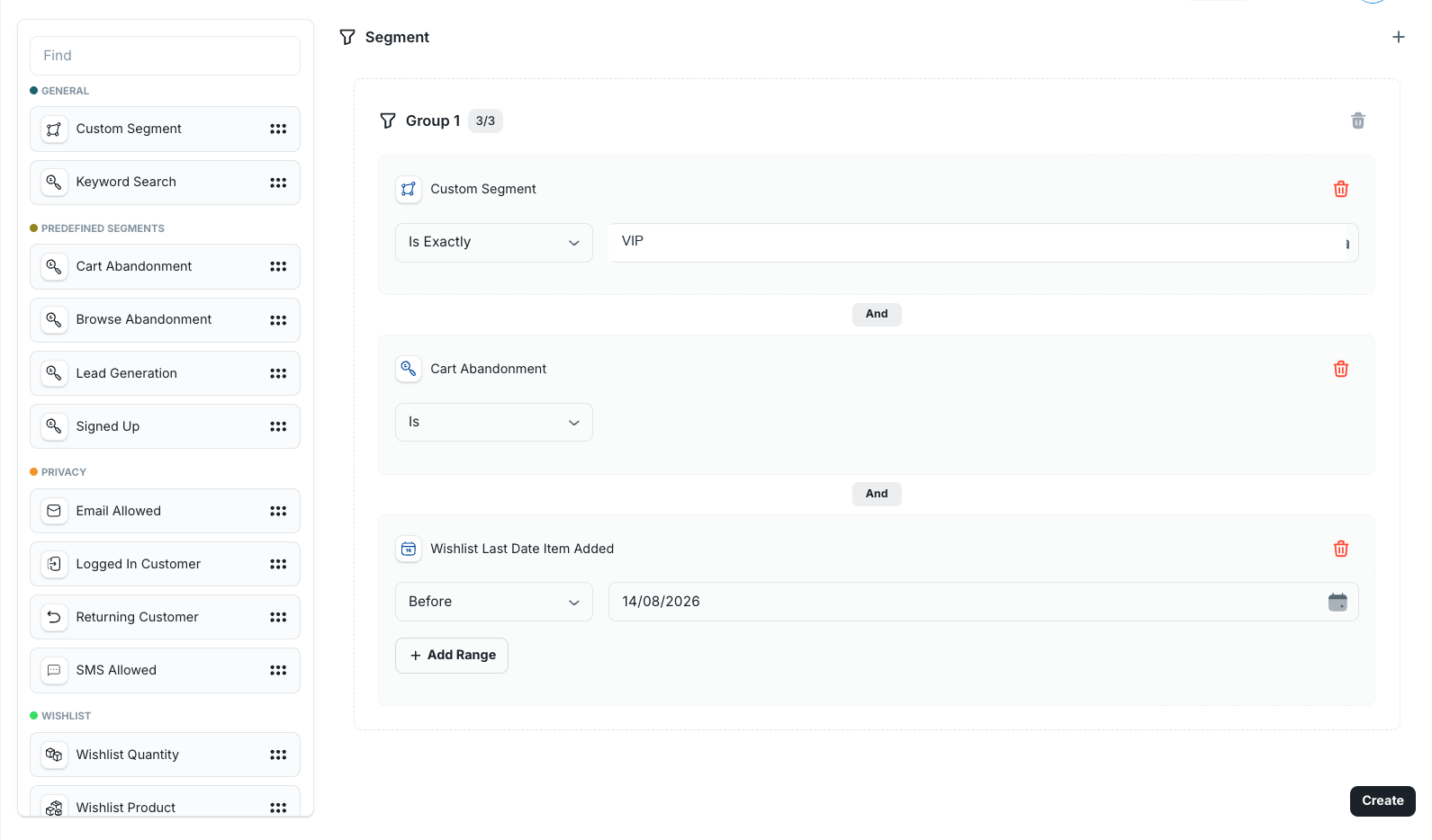 Segment builder with a group of visual audience rules