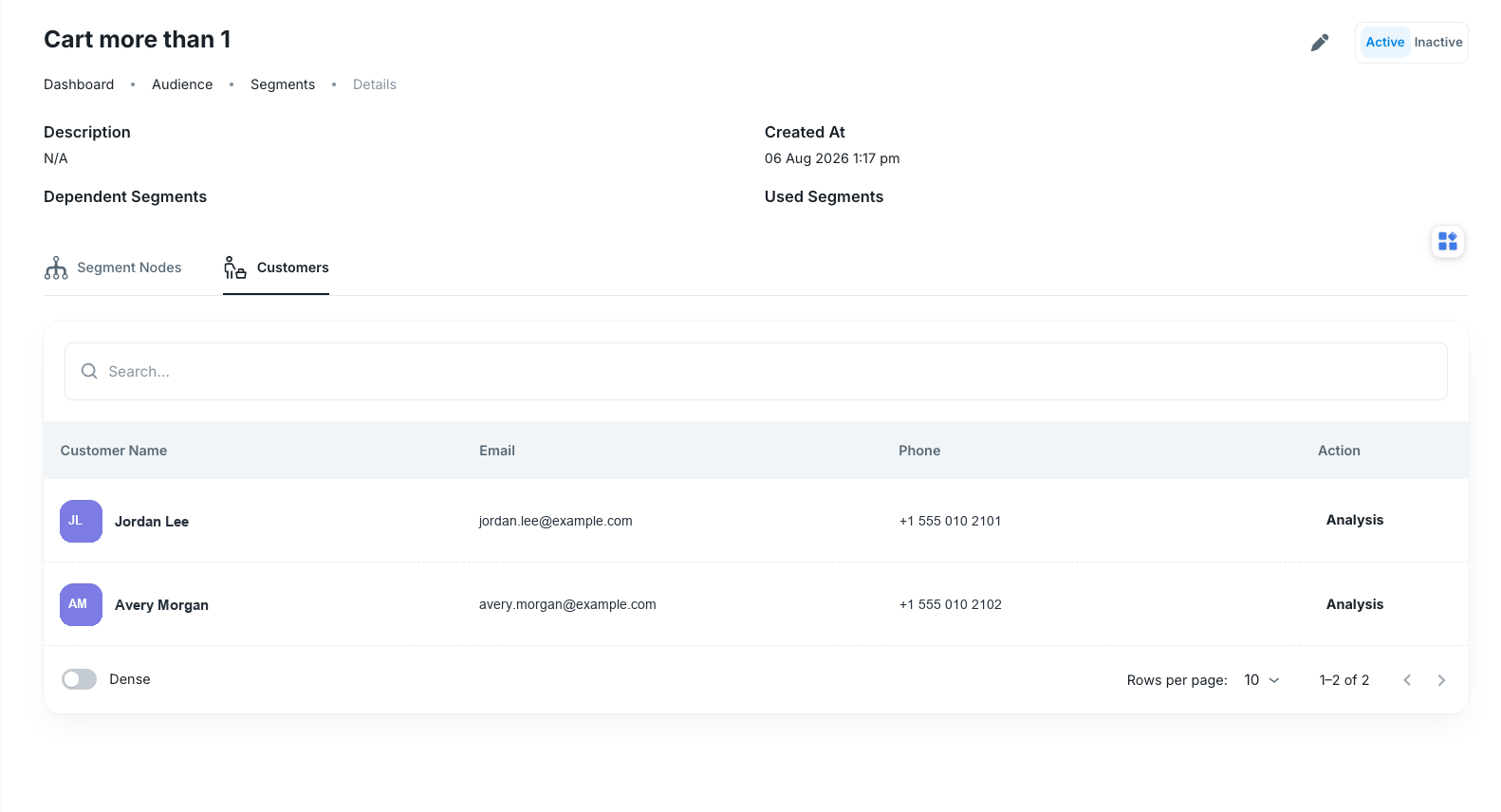 Segment Customers tab with fictional matching customer profiles