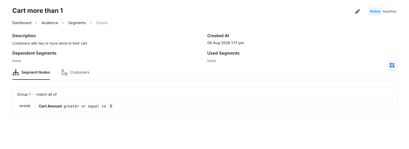 Segment details with active status and a cart amount rule