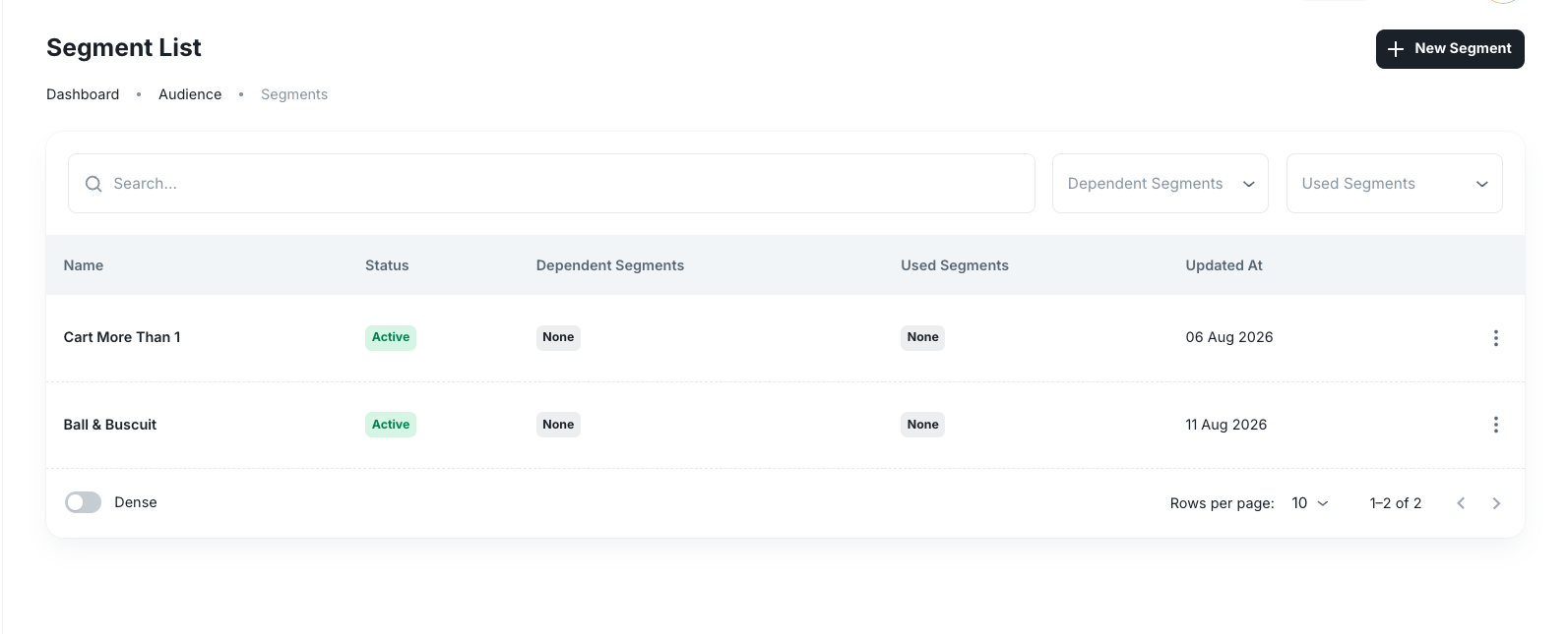 Segment List with active segments, dependency information, and usage information