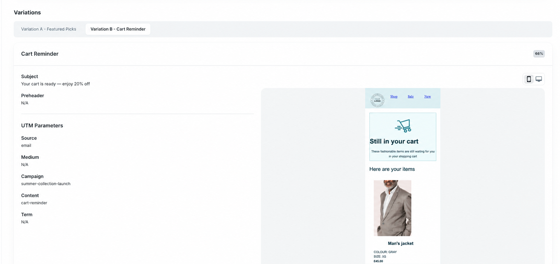 Cart Reminder email variation with preview and UTM parameters