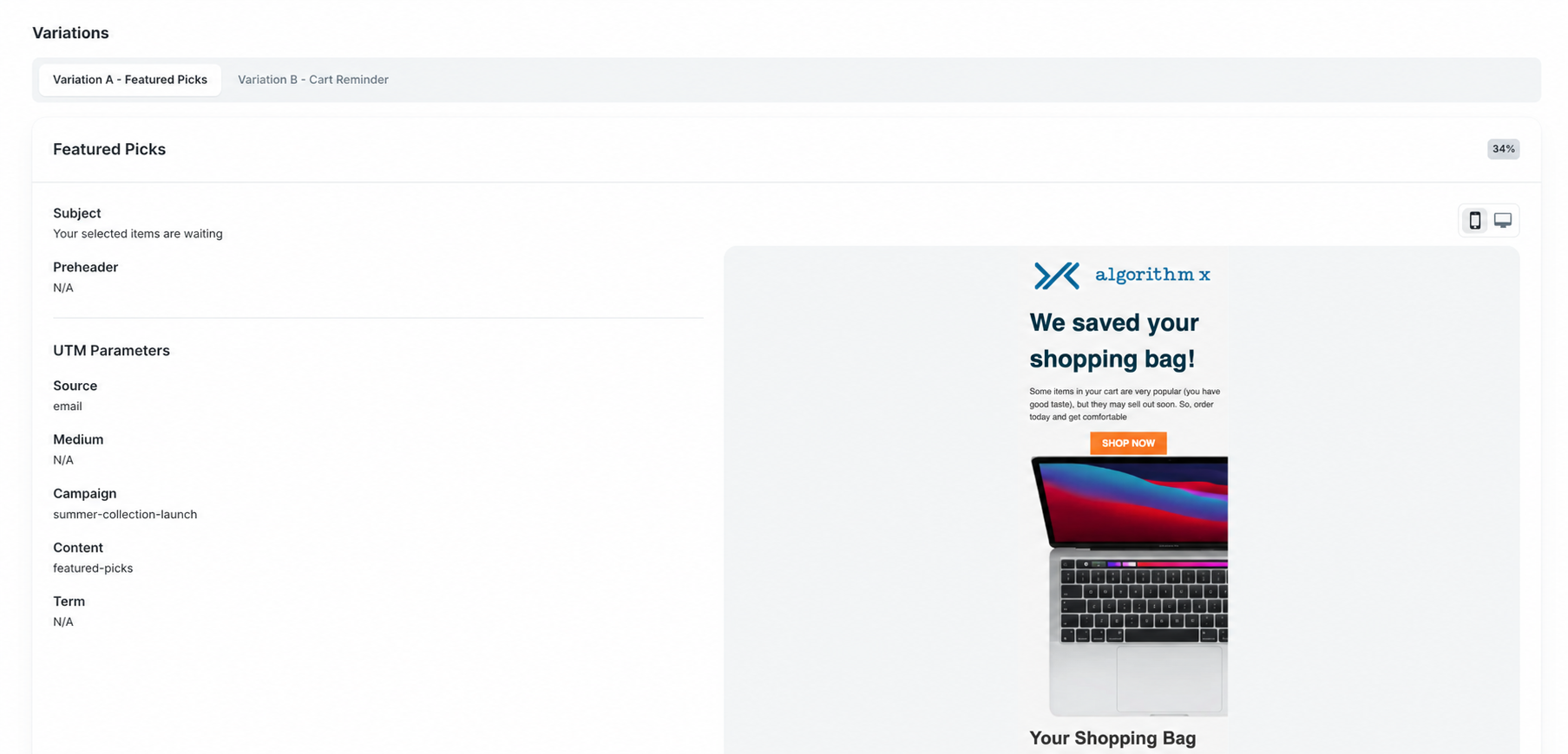 Featured Picks email variation with preview and UTM parameters