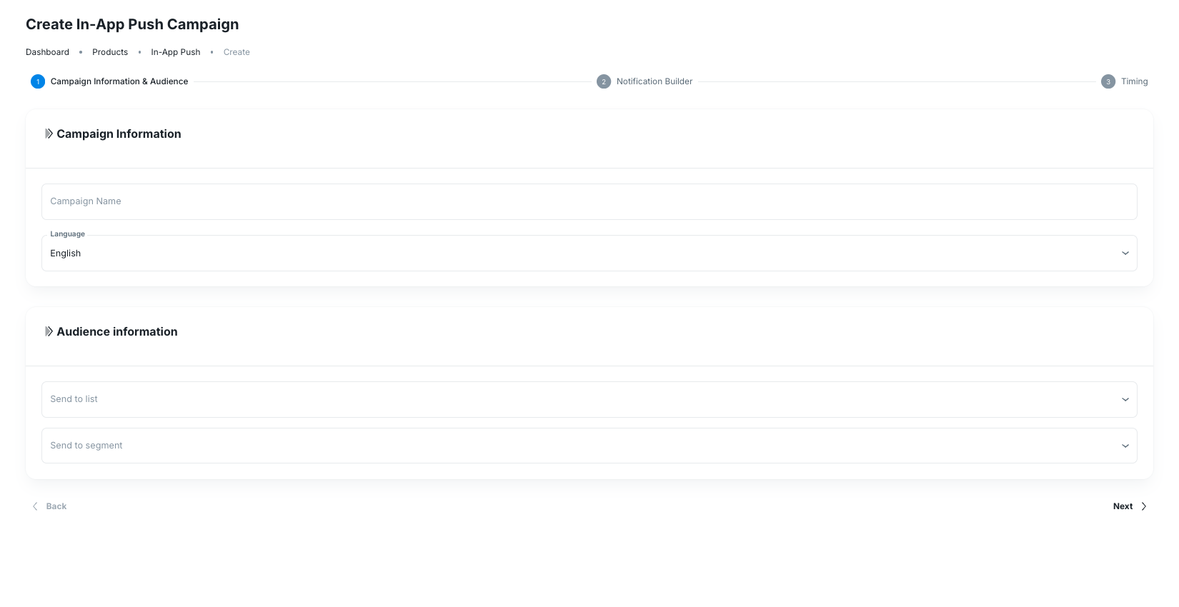 Create In-App Push Campaign campaign information and audience step