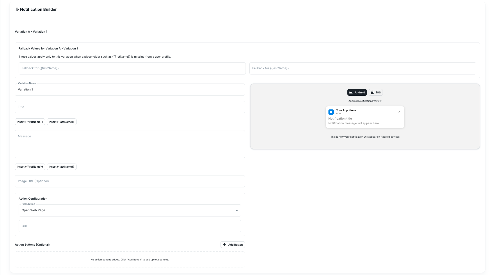 In-App Push Campaign notification builder with message fields, action configuration, and device preview