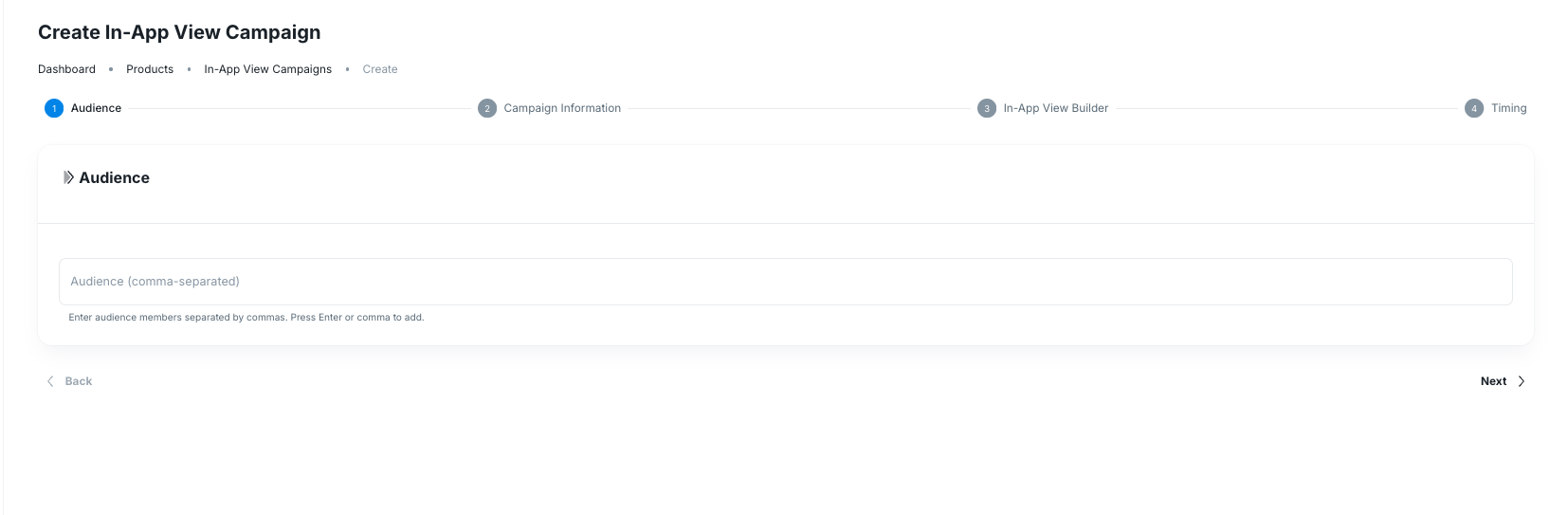 Audience step of the Create In-App View Campaign flow