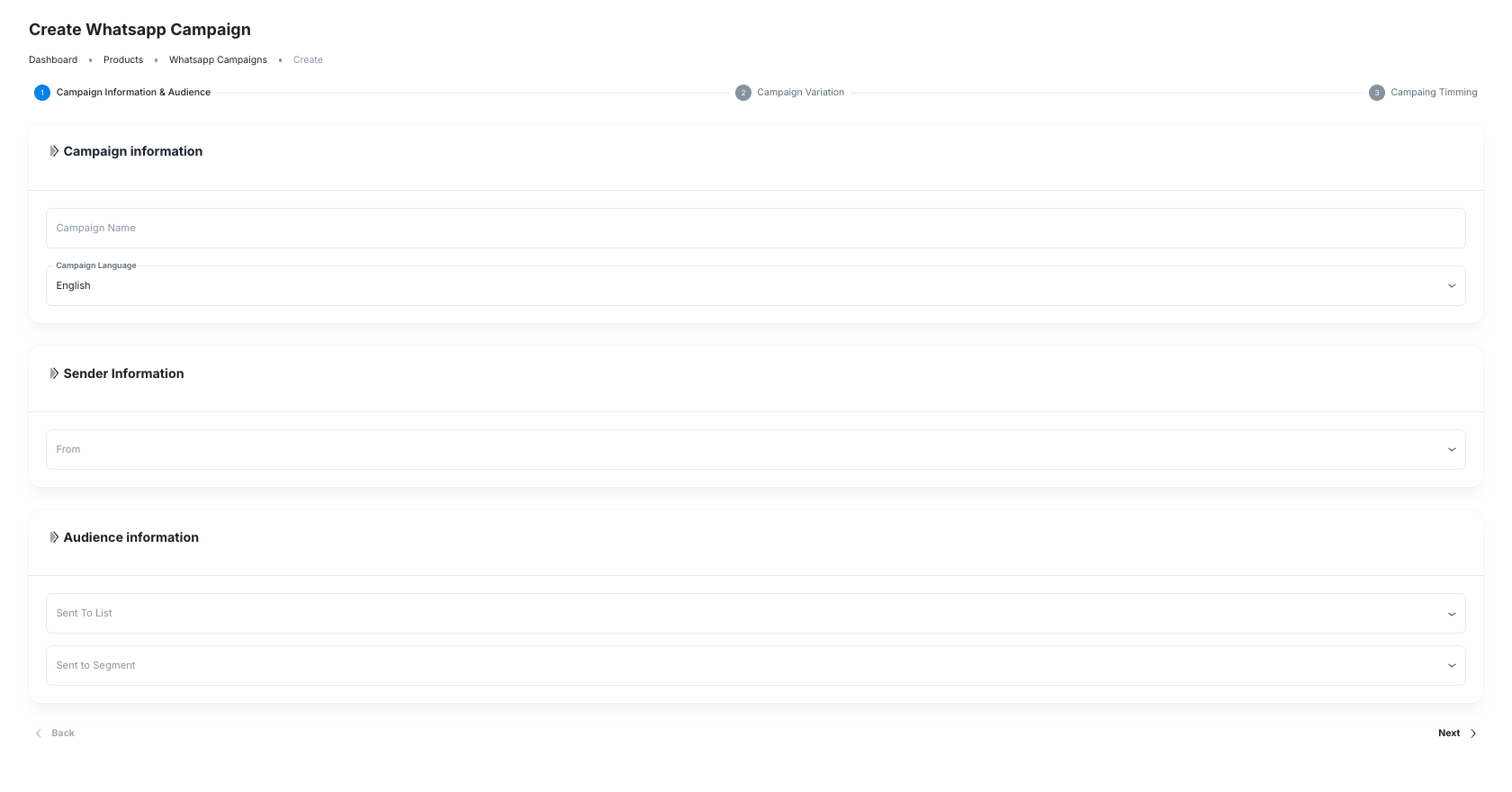 First step of the Create WhatsApp Campaign flow with campaign information, sender, and audience fields