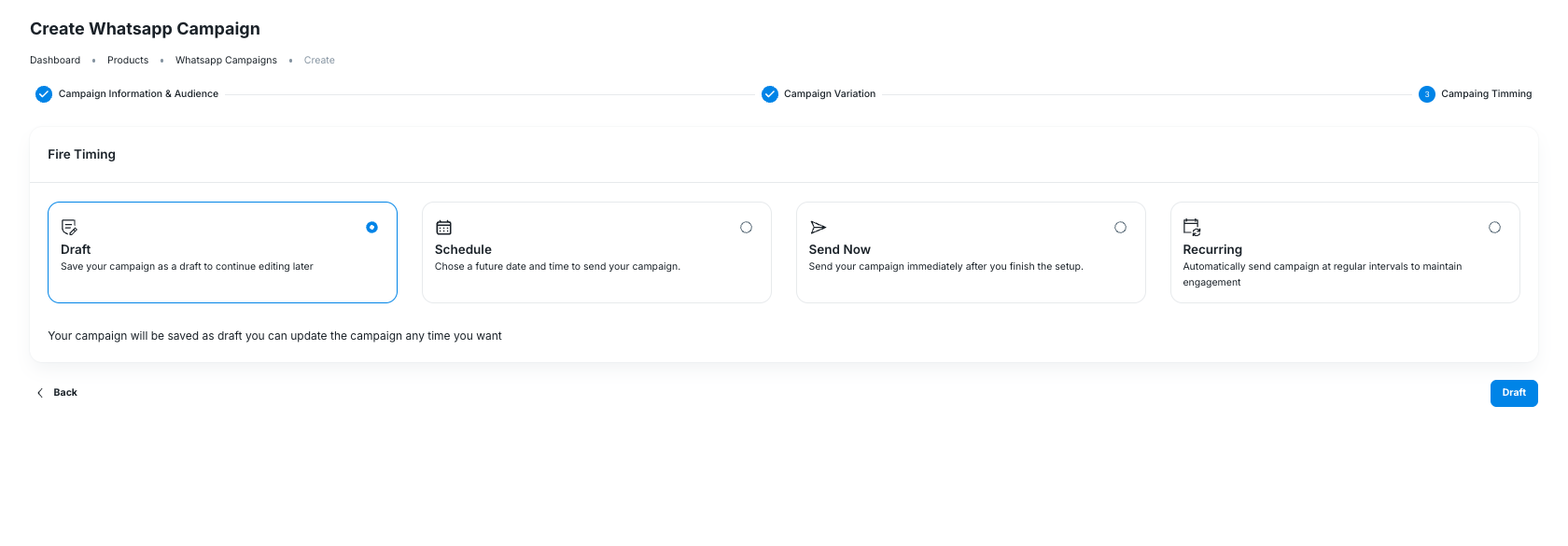 Campaign Timing step with Draft, Schedule, Send Now, and Recurring options