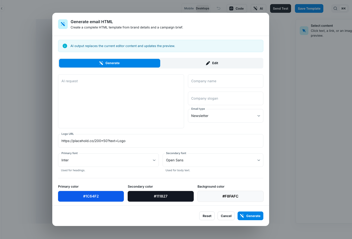 Generate email HTML AI dialog with brand details and campaign brief fields