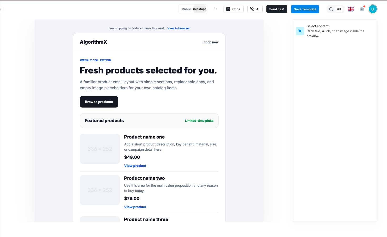 Email Design Editor with a completed product email preview