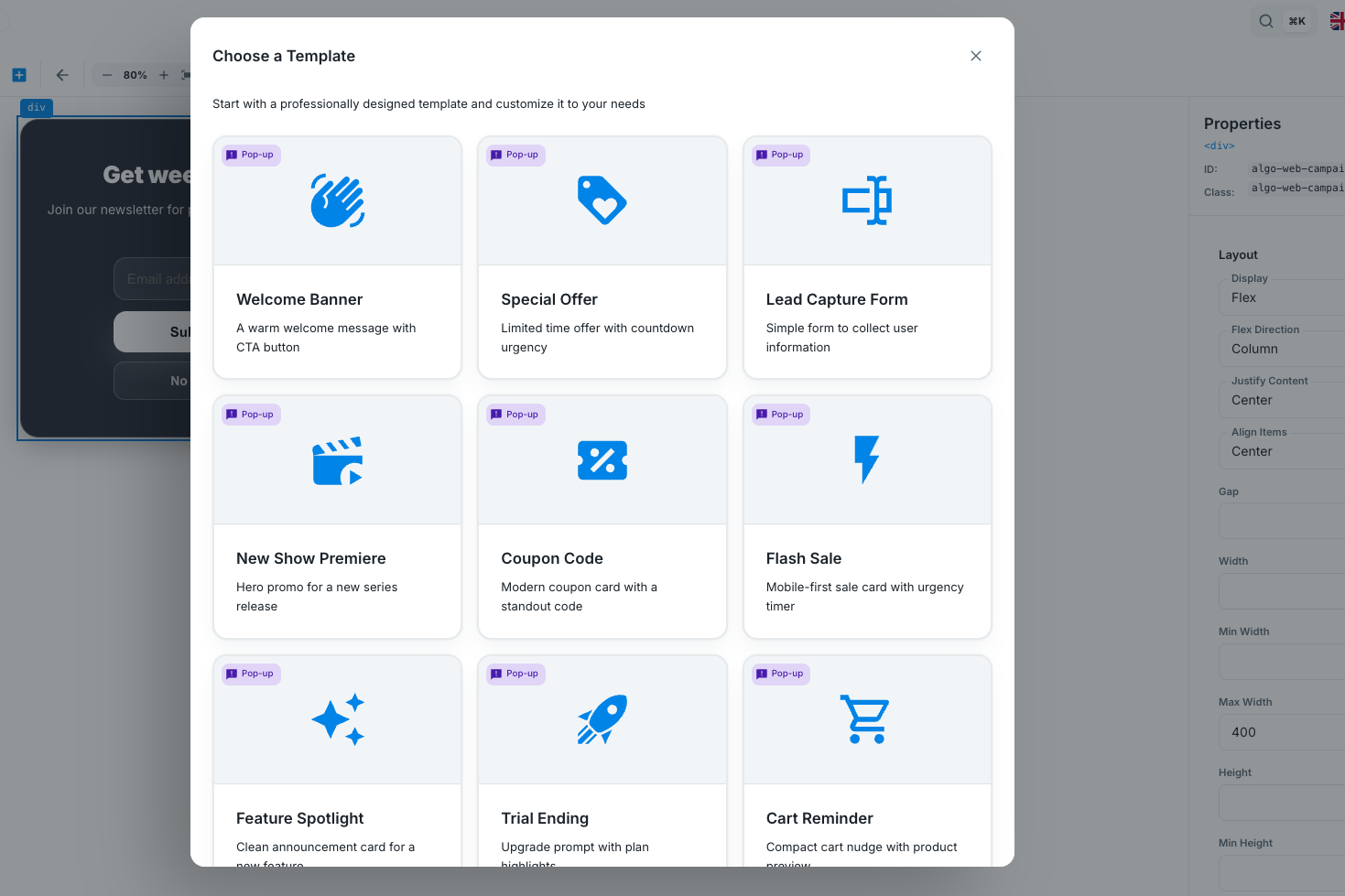 Choose a Template window showing In-App View template cards