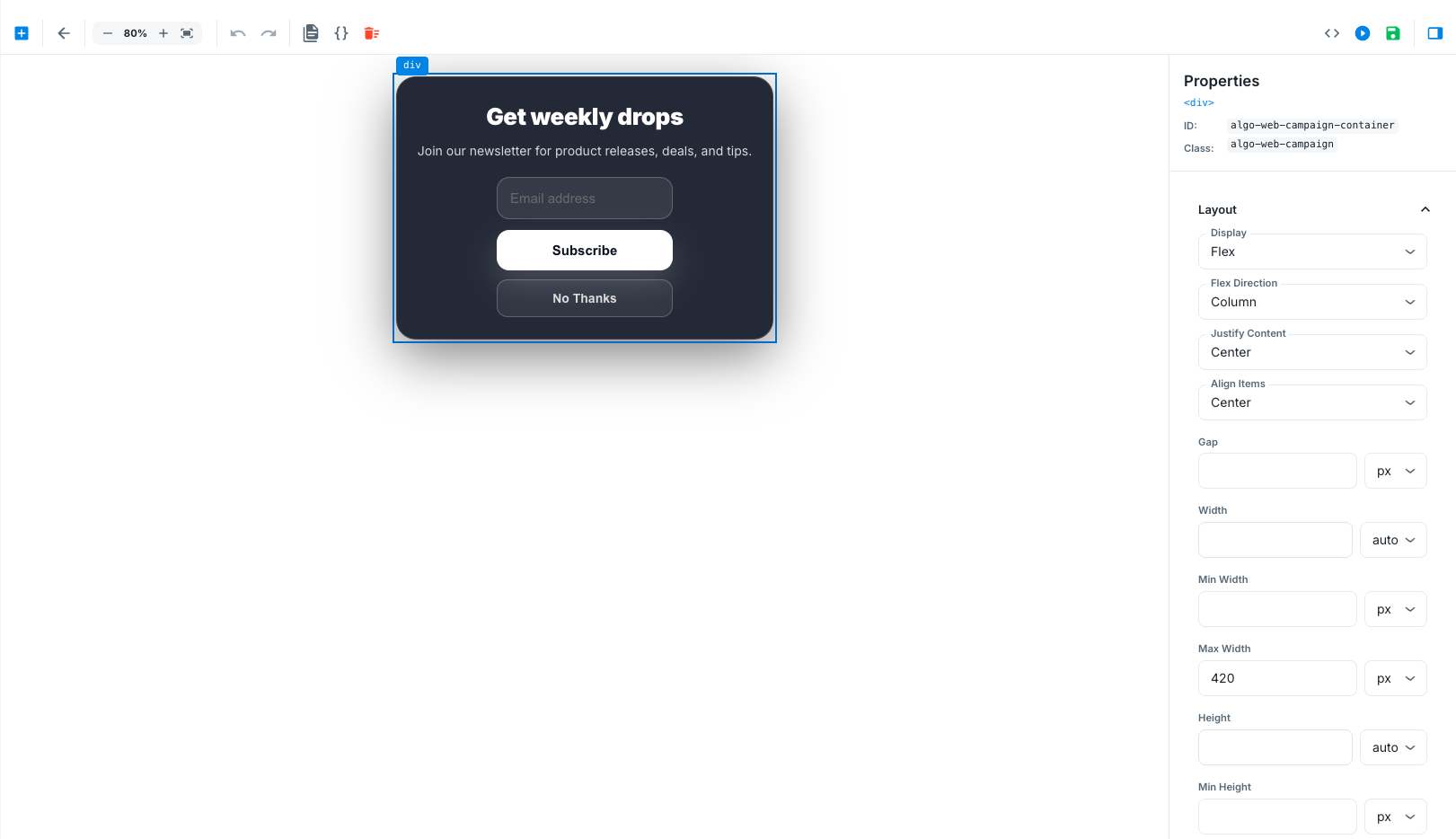 In-App View Template editor showing a newsletter signup template and layout properties