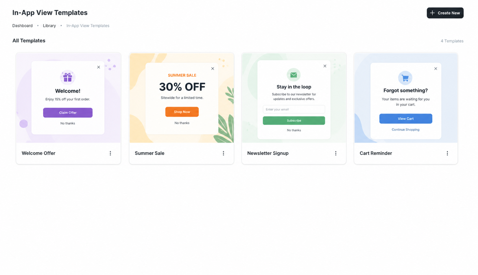 In-App View Templates library page with a Create New button
