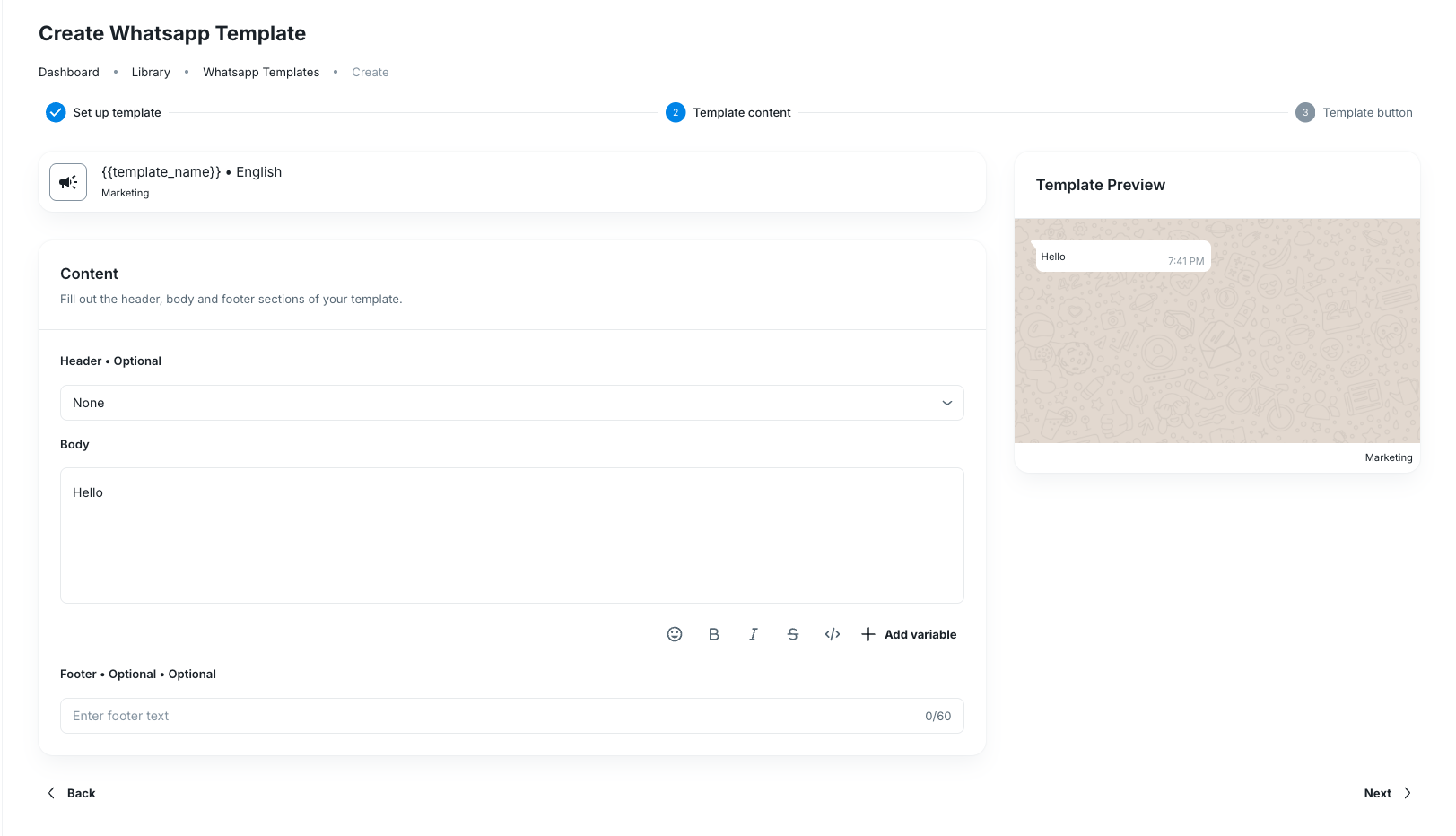 WhatsApp template content step with header, body, footer, formatting controls, variables, and live preview