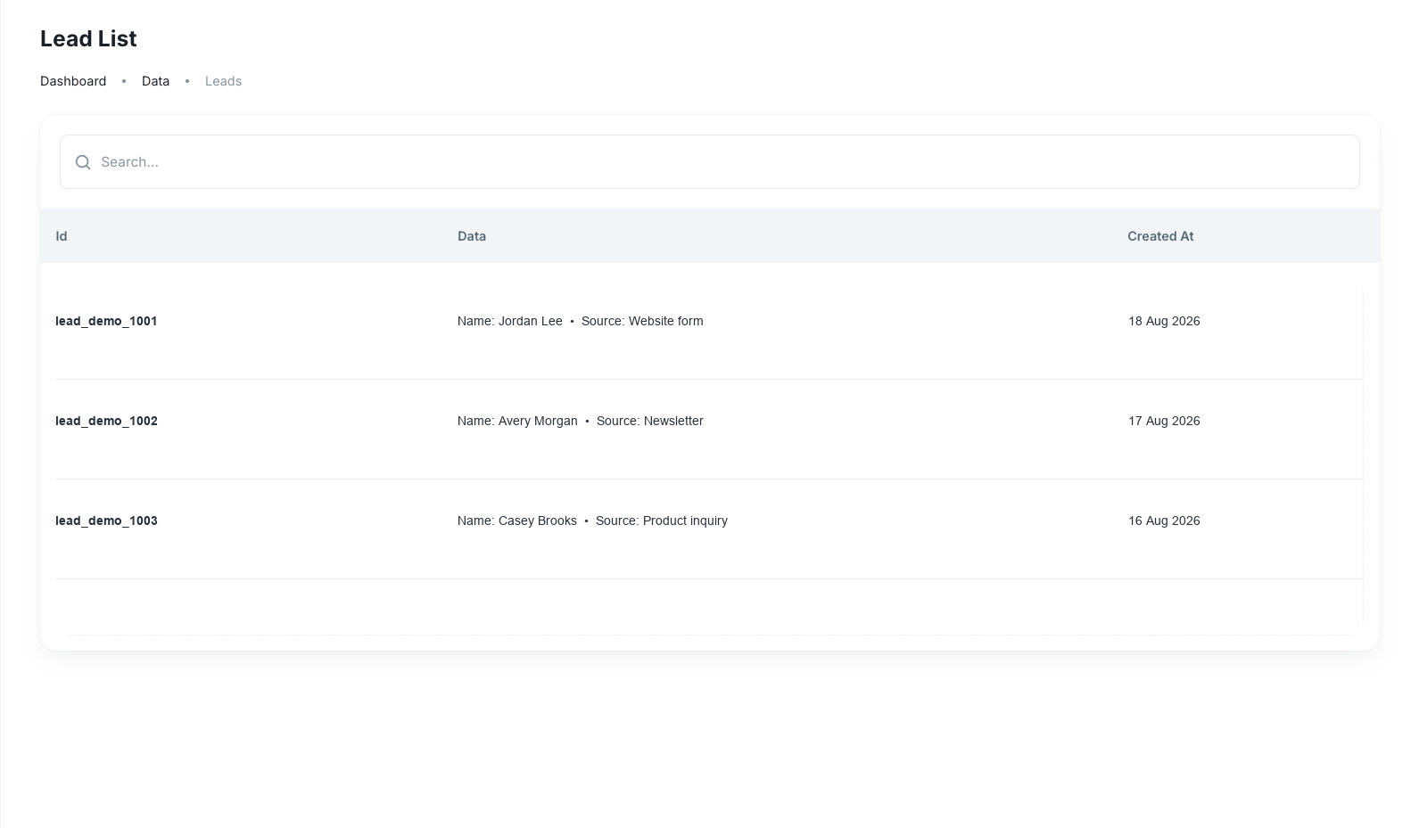 Lead List with fictional lead records