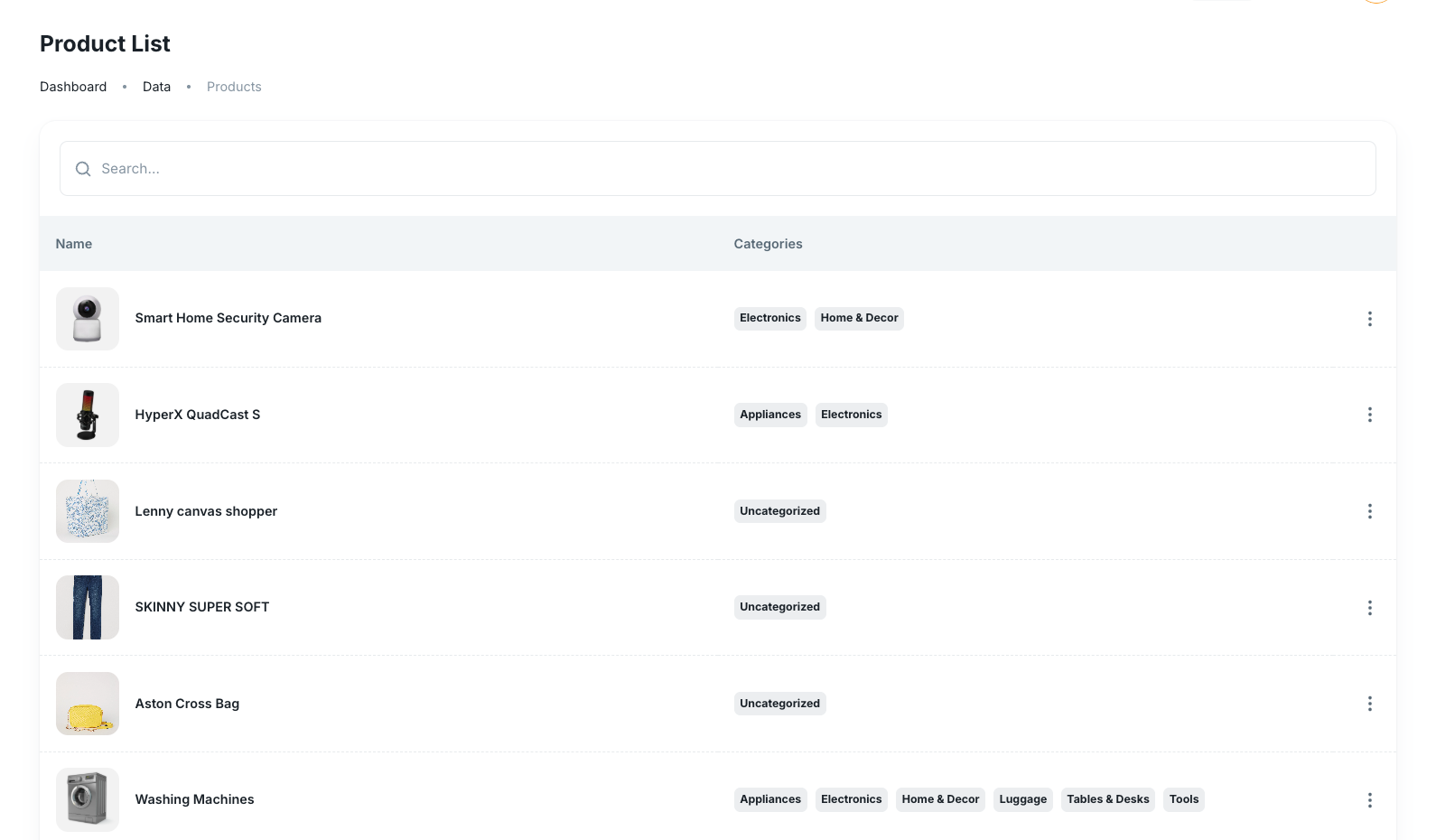 Product List with product names and category badges