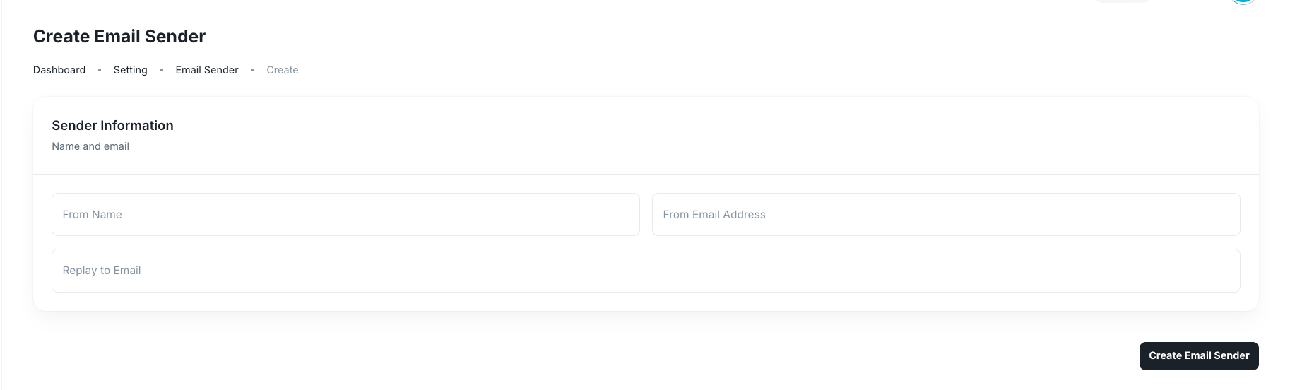 Create Email Sender form with sender information fields