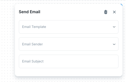 Send Email action settings with template, sender, and subject fields